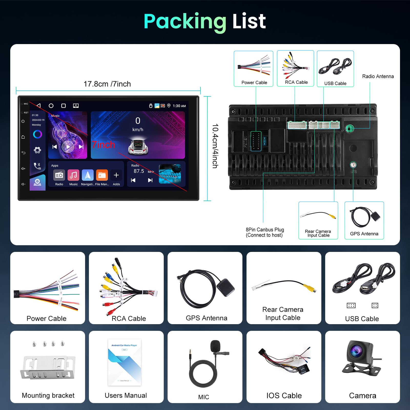 Hodozzy 4 GB + 64 GB Android 2 Din Radio samochodowe z funkcją Android Carplay Wireless Dual Din 7-calowy ekran dotykowy Radio Nawigacja samochodowa GPS WiFi Bluetooth DSP FM/RDS Radio USB/SWC + AHD