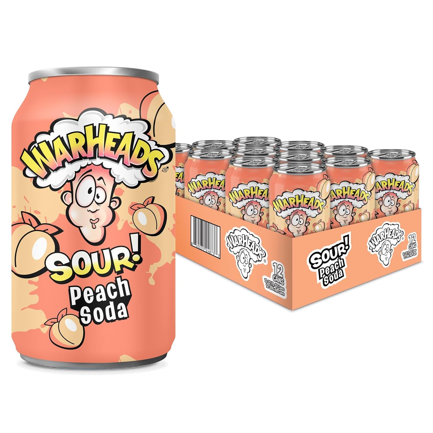 Sour Fruity Soda with Classic Warheads Flavors – Perfectly Balanced Sweet and Sour Soda - Warheads Candy Throwback Treat, Soda, Cocktail Mixer, Pack of 12, 12oz Cans (Peach)