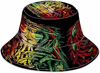 WONDERTIFY Reggae Rasta Lion Bucket Hat Lion King Unisex Reflective Fisherman Hats Reversible Double-Side-Wear Sun Cap Yellow Green Red
