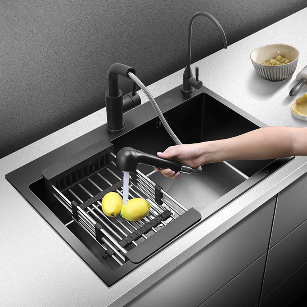 Fregadero De Cocina De Acero Inoxidable De Un Solo Tazón con Grifo Extraíble, con Kit De Plomería Completo, Desagüe, Instalación Empotrada.