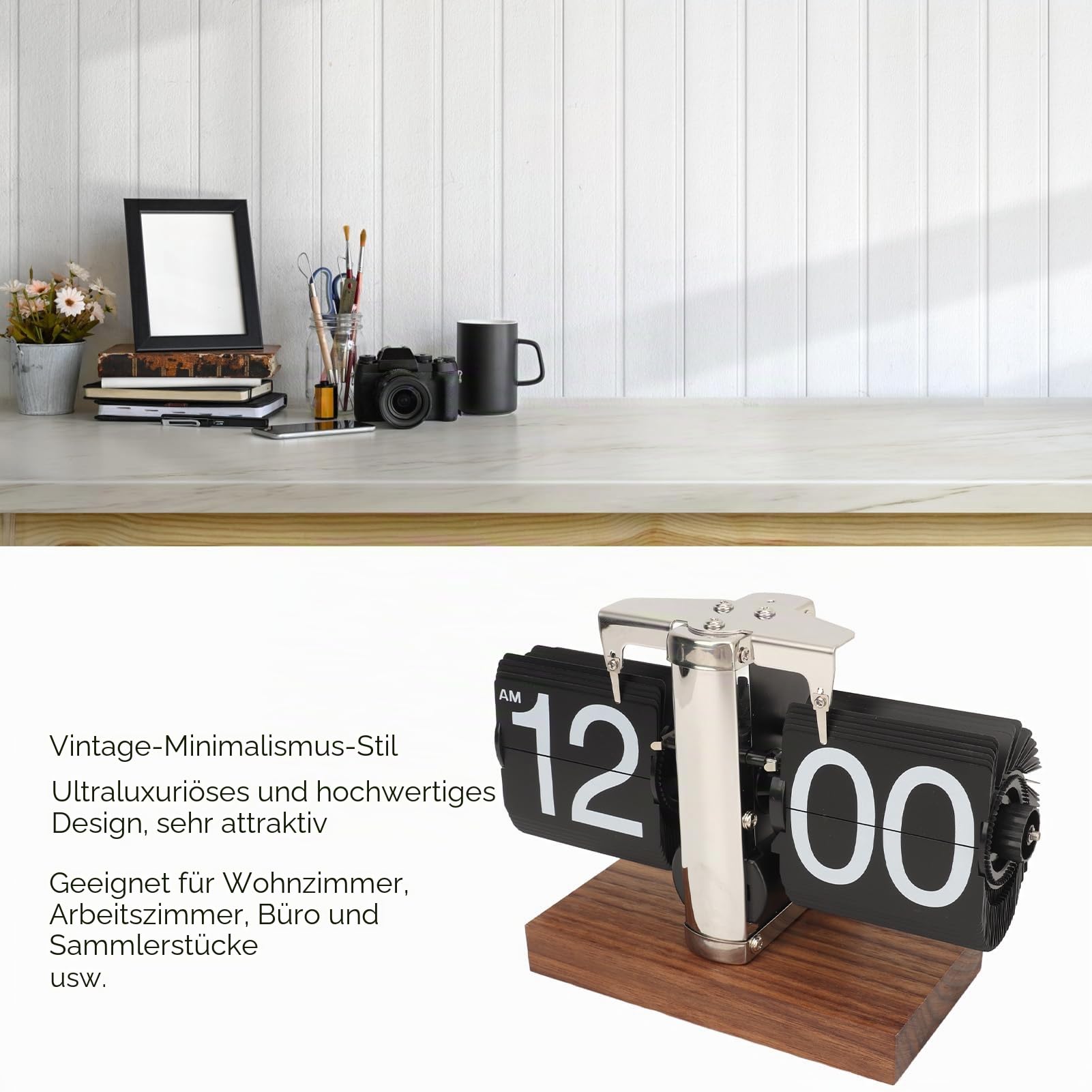 Vintage 12 Stunden Flip Clock - Batteriebetriebene mechanische Retro Uhr mit großen Ziffern, Einzelfuß Digitalanzeige für Wohnzimmer (Edelstahl Schwarz)