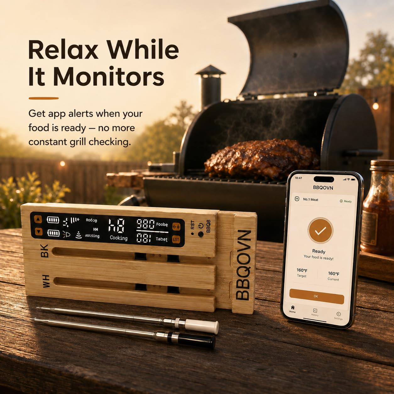 BBQOVN WiFi Sub-1G Wireless Fleischthermometer Unbegrenzte Reichweite 7 NIST Zertifizierte Sensoren mit Umgebungstemperatur 2 Temperaturüberwachungsmöglichkeiten Digital Smart Base und App für BBQ