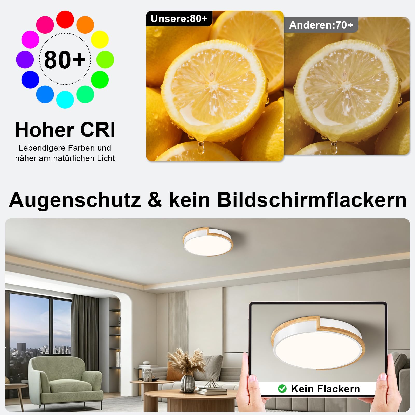 LED Deckenleuchte, Weiß Deckenlampe 40cm | 36W Lampe mit Holz für Schlafzimmer Wohnzimmer Küche Flur Esszimmer 4000K
