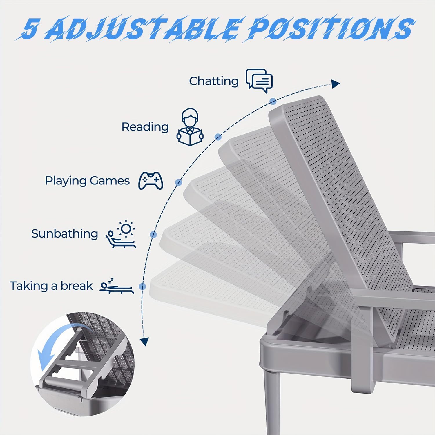 Chaise Lounge Chair Outdoor - 5 Position Adjustable Backrest, Armrest, Waterproof, Easy Assembly, 300lb Weight Capacity for Patio, Porch, Garden, Deck, Lawn(3-8 Days delivery) (1PC)