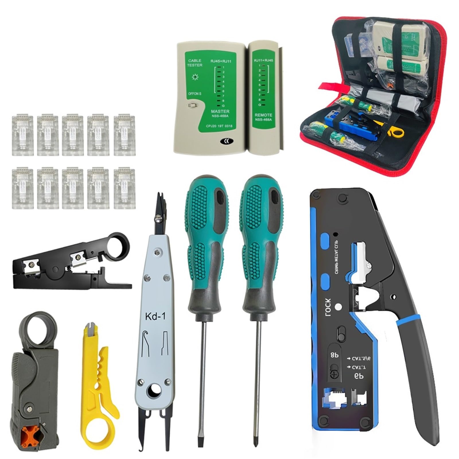 Pinza for crimpare spelatrice Pinza for morsetto for cavo di rete + Tester for cavi di rete professionale RJ45 RJ11 RJ12 CAT5 UTP LAN Set di utensili manuali | Stripping Crimping Pliers Network Cable Clamp Pliers+Professional Network Cable Tester RJ45 RJ1