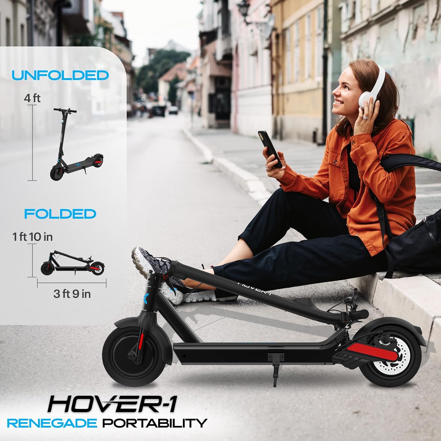 Hover-1 Renegade Scooter Unfolded and Folded Dimensions