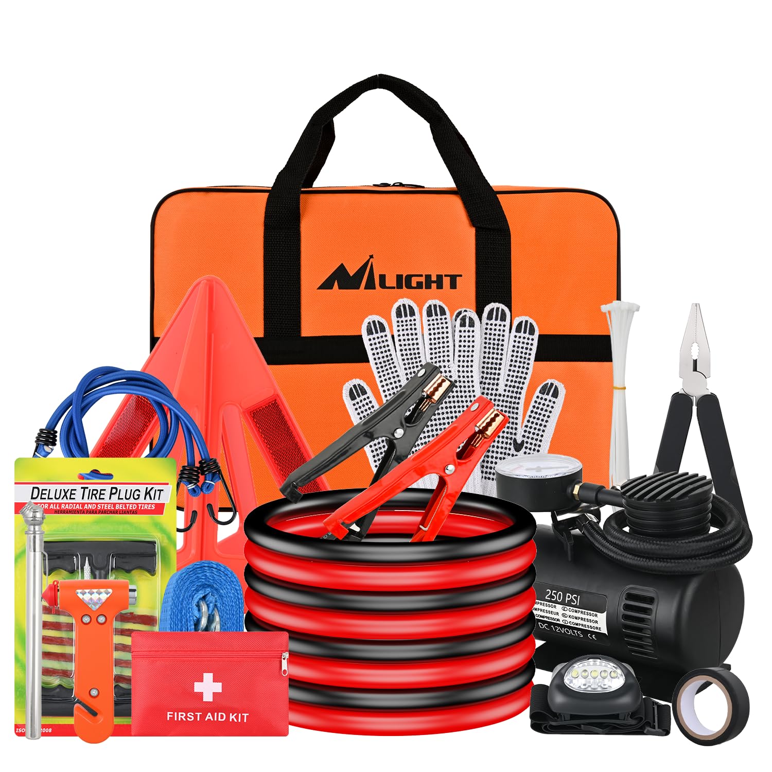 Nilight Kit di emergenza per auto con cavo di avviamento, compressore d'aria, riparazione pneumatici, strumento necessario, spina a coccodrillo di primo soccorso, kit elettrico per viaggi, campeggio,