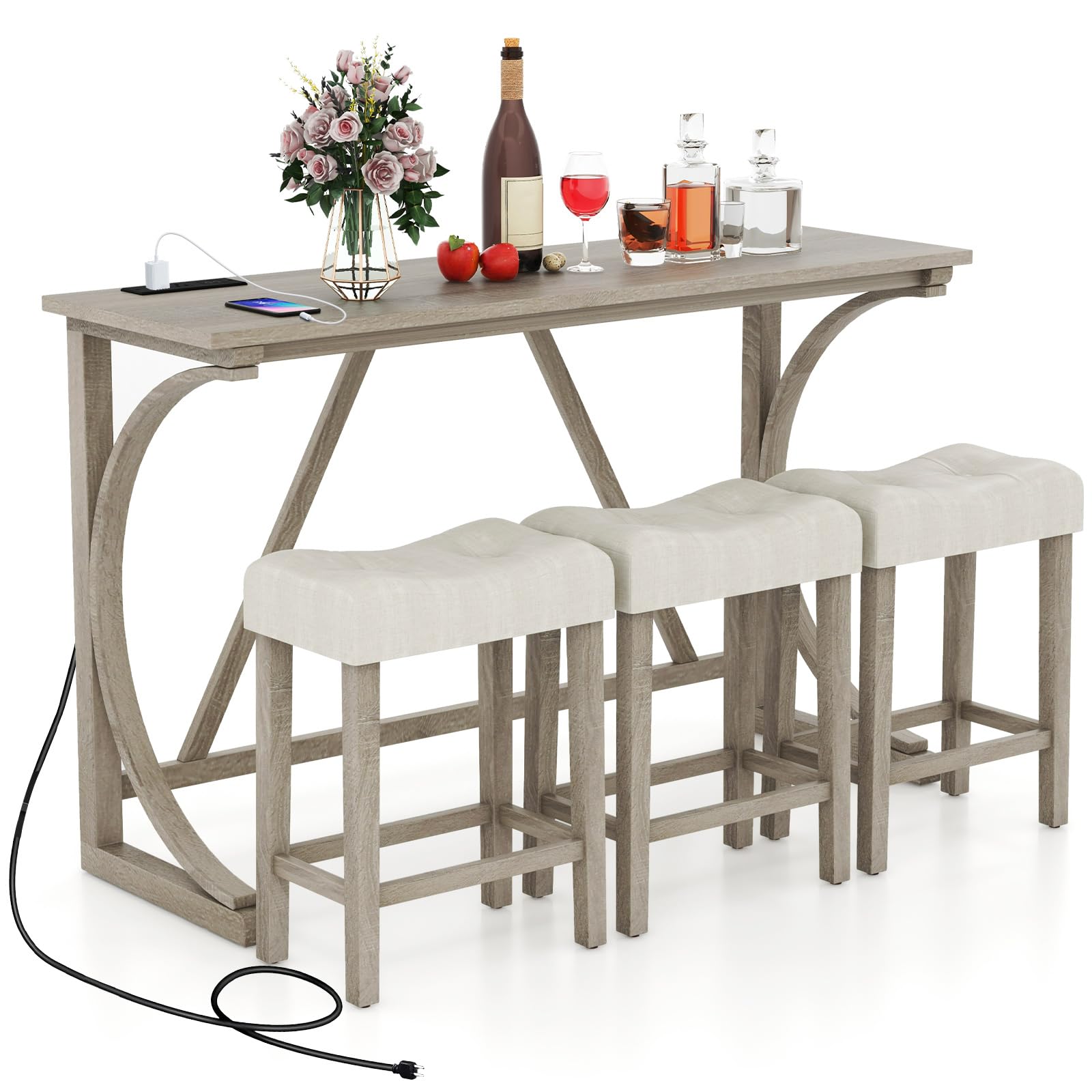 COSTWAY Set 4 Pezzi Tavolo e 3 Sgabello da Bar con 2 Prese di Corrente e 2 Porte USB Tipo-A, Tavolo da Pranzo e Colazione in Legno di Gomma con Gambe a Curva, Set Sedie con Sedile Morbide