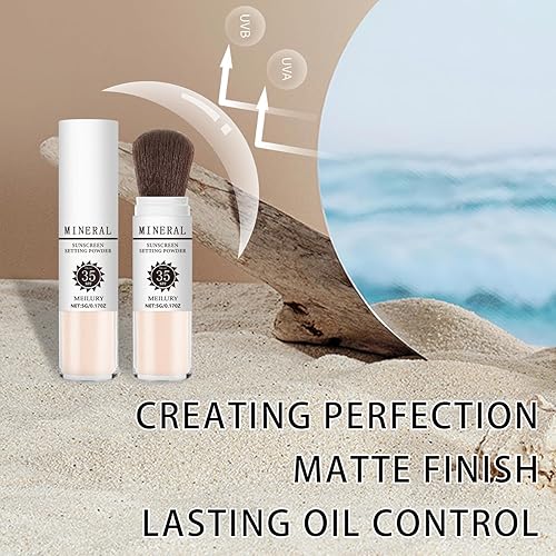Miniatura 5 de Polvo fijador de protección solar SPF 35, cepillo mineral en polvo para cara y cuero cabelludo, control de aceite, acabado mate natural, polvo
