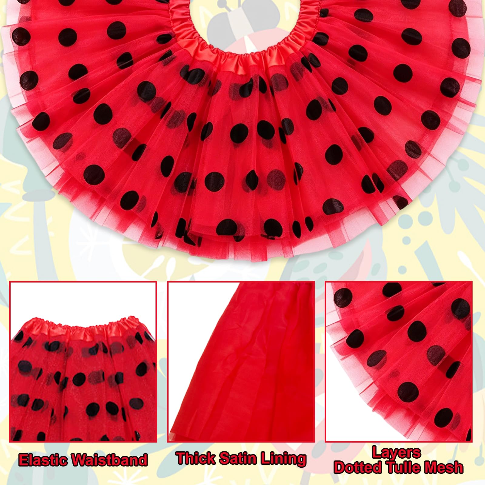 Ladybird Costume Girls 3-7Y, Polka Dot Tutu + Arm Covers + Leg Warmers+Ladybird Headband+Magic Wand - Image 4