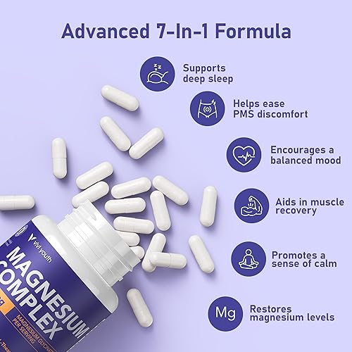Miniatura 5 de Complejo de magnesio, 7 suplementos de magnesio de alta absorción con glicinato, citrato, malato, quelato, taurato, gluconato, aspartato y ascorbato