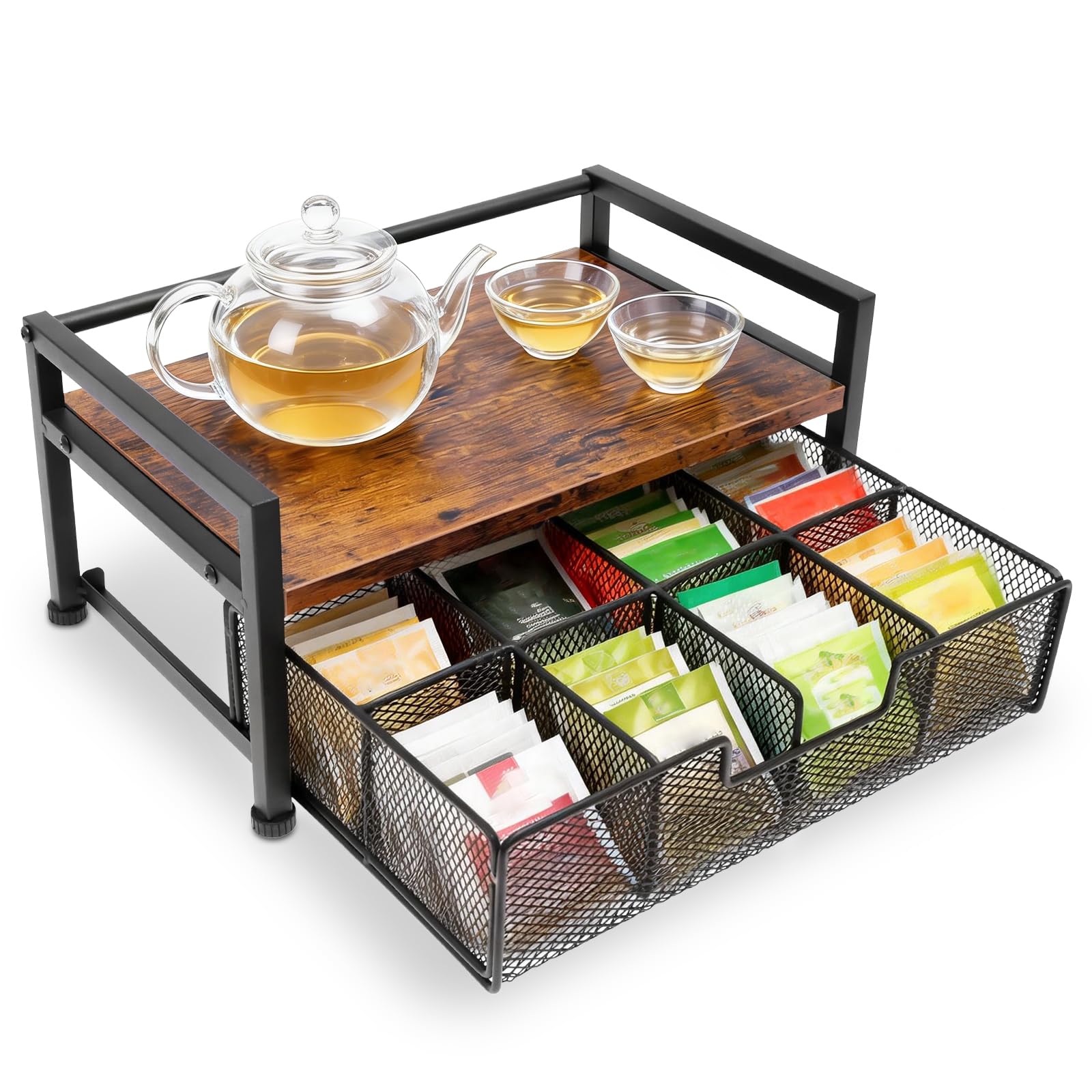 Tea Bag Organiser with Drawer, 2 Tier Solid Wood Tea Station for Countertop, 8 Compartment Coffee Pod Storage Chest, Kitchen Counter Tea Caddy Holder for Tea Bags Coffee Capsules