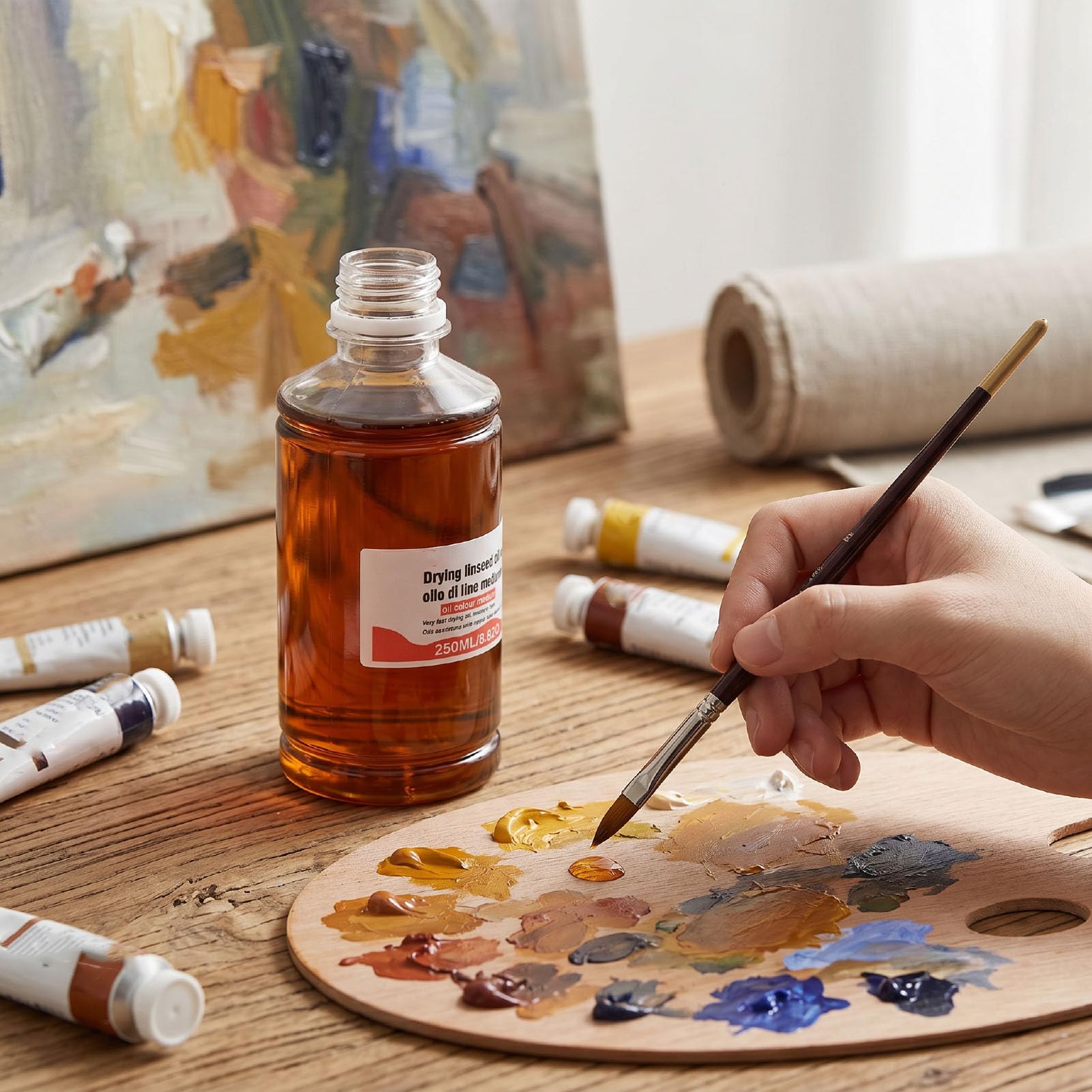 Huile de Lin à Séchage Rapide de 250ML, Diluant Pigmentaire pour Peinture, Améliore le Flux, la Transparence et le Brillant