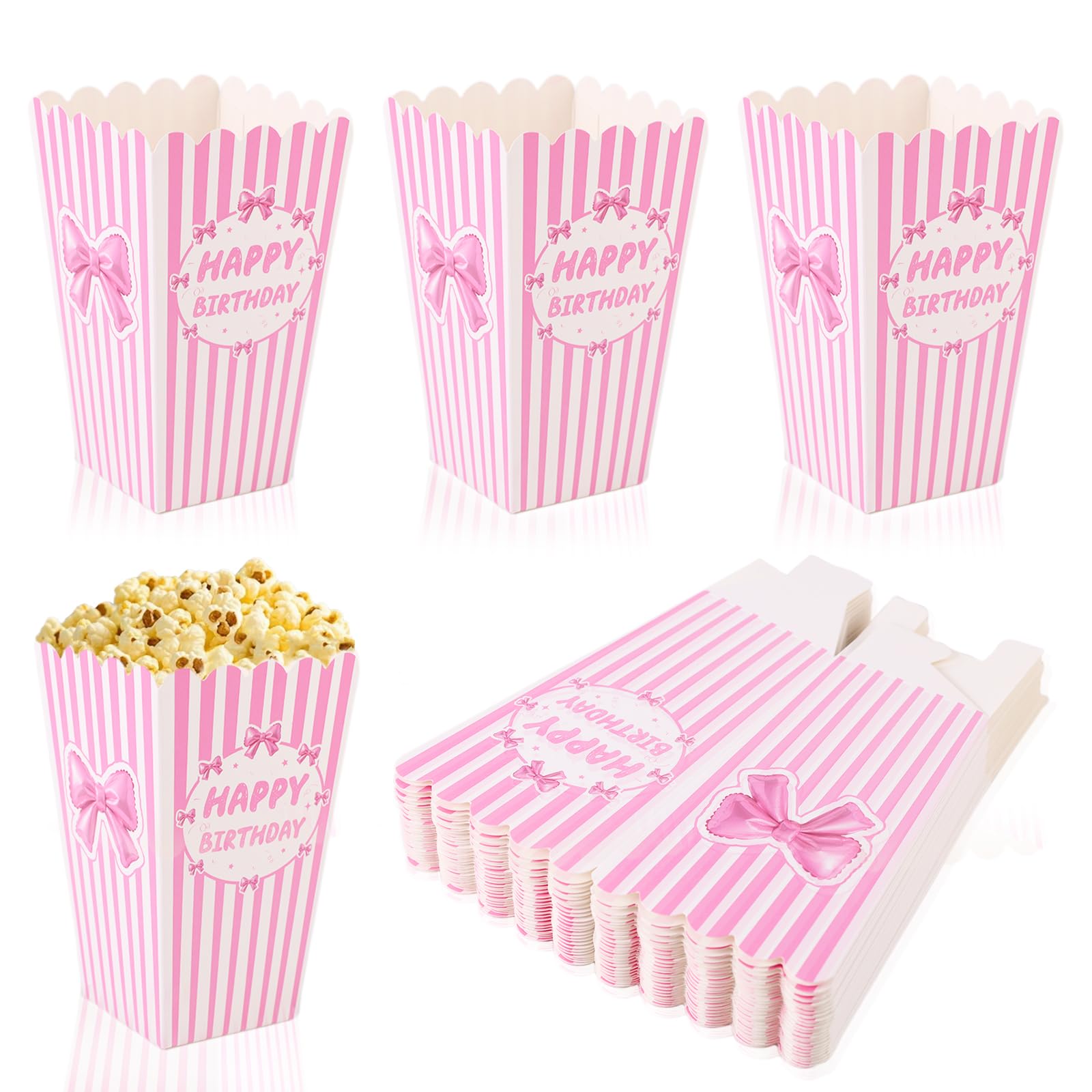 BOXOB 24pcs Pink Bow Popcorn Boxes, Small Striped Popcorn Bags Mini Sweet Bucket Happy Birthday Paper Cones Candy Snack Tray Containers for Movie Night Accessories Girls Sleepover Party Favor Supplies