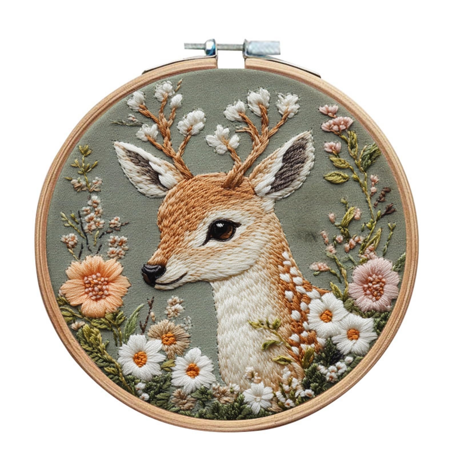 IUHUI Embroidery Kit for Advanced Adults - Beautiful Animals Gorgeous Patterns, DIY Hand Stitching Embroidery Set with Hoop (Fawn with Flowers)