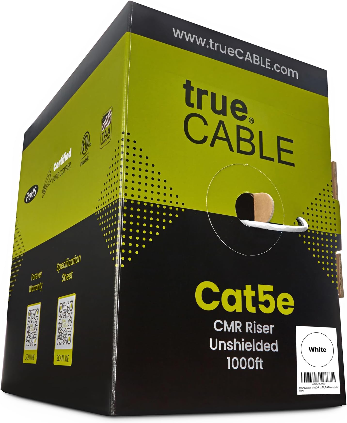 trueCABLE Cat5e Riser (CMR), 1000ft, White, 24AWG 4 Pair Solid Bare Copper, 350MHz, PoE++ (4PPoE), ETL Listed, Unshielded Twisted Pair (UTP), Bulk Ethernet Cable