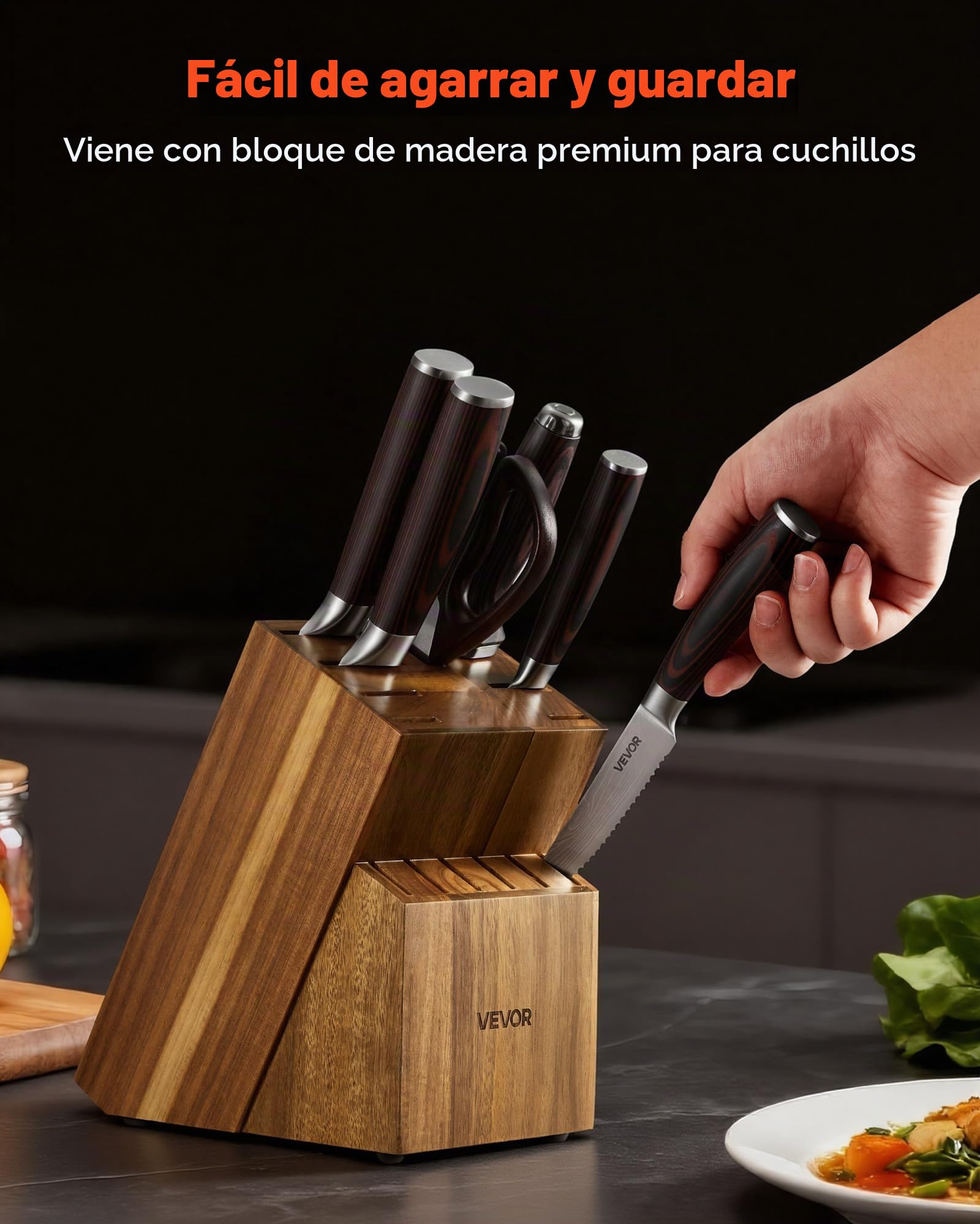 VEVOR Juego de Cuchillos de Acero Inoxidable de Alto Carbono, con Bloque de Madera y Afilador, 15 Piezas, con Mango Ergonómico, para el Hogar, Diseño con Bordes Redondeados, 131 x 195 x 345 mm