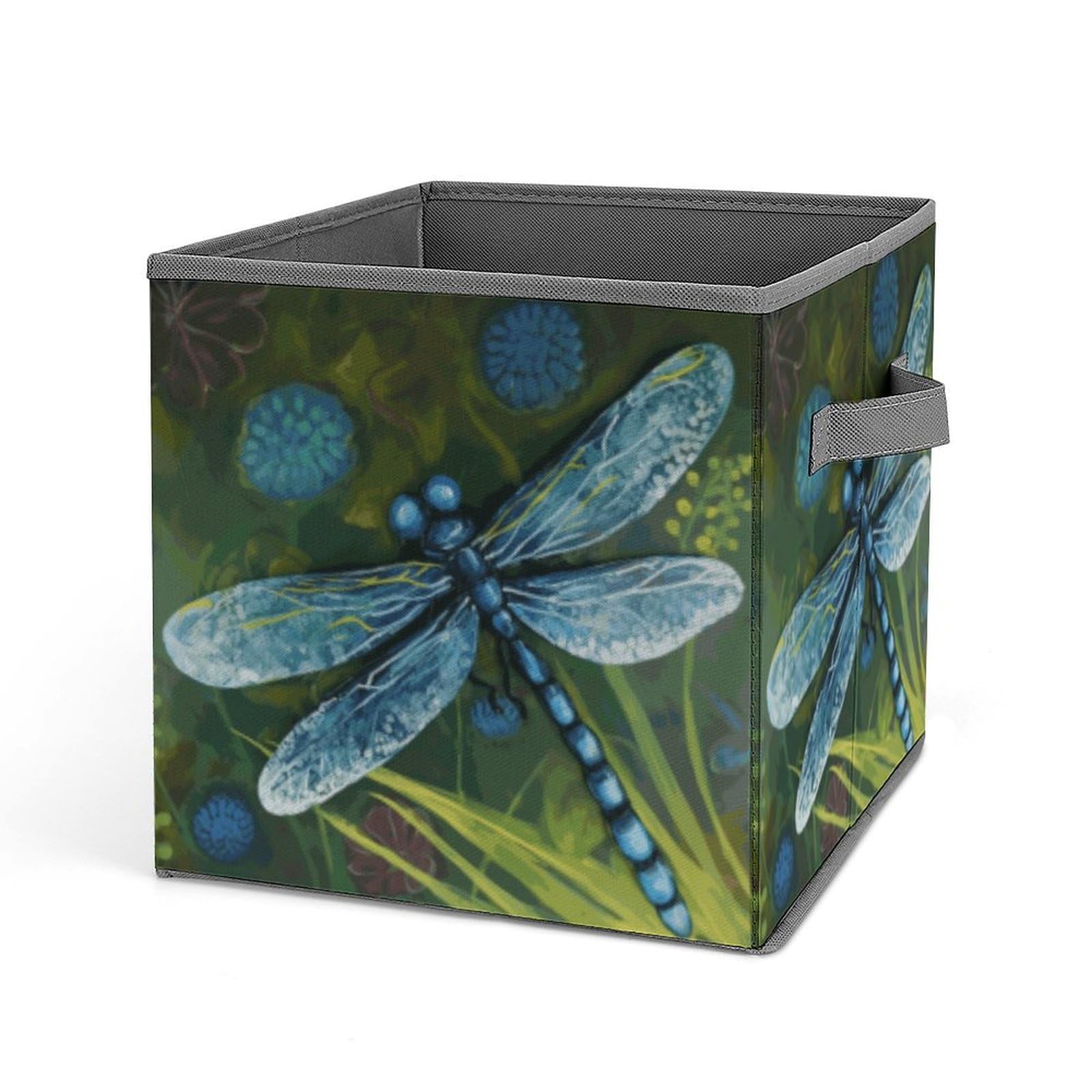 JTREHY Hand Painted Blue Dragonfly Storage Bins Sturdy Large Capacity Folding Sorting Boxes Convenient Stable Storage Box Collapsible Fabric Storages Cubes Organizer with Handles