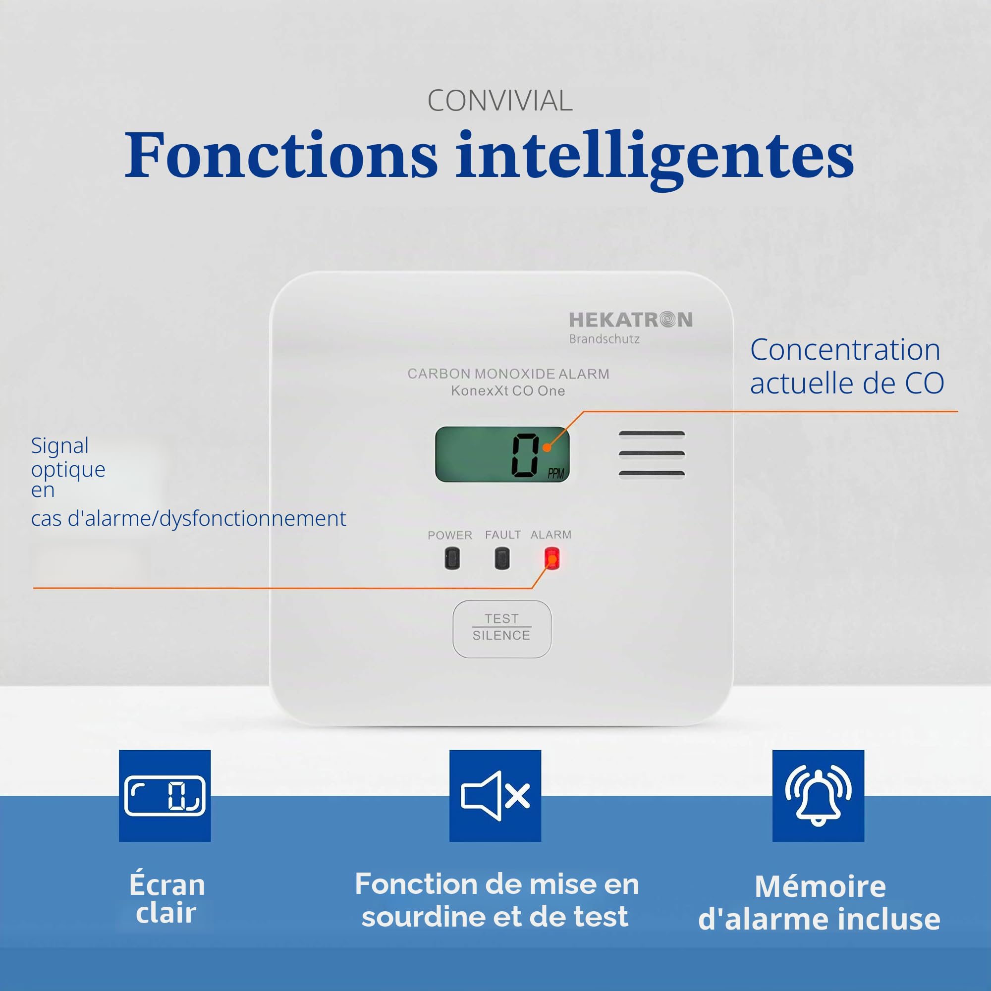 Hekatron KonexXt CO One - Détecteur de monoxyde de Carbone - Batterie 10 Ans - Détecteur de CO avec écran Clair et Bouton d'alarme de Test - Installation Facile