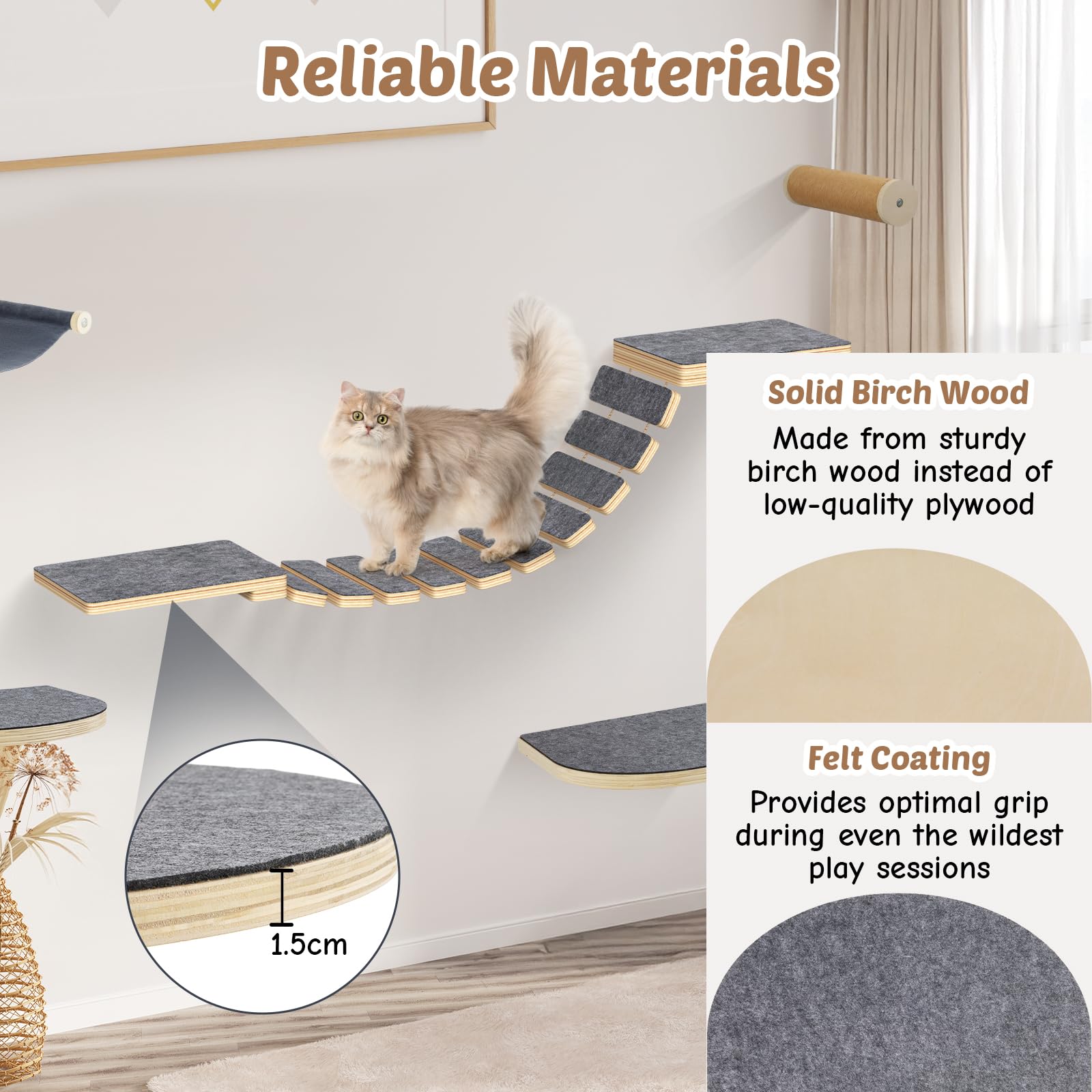 Set da parete modulare per gatti – in legno di betulla | 5 in 1 elementi da parete per gatti e passerella | Portata massima 35 kg | Montaggio semplice fai da te
