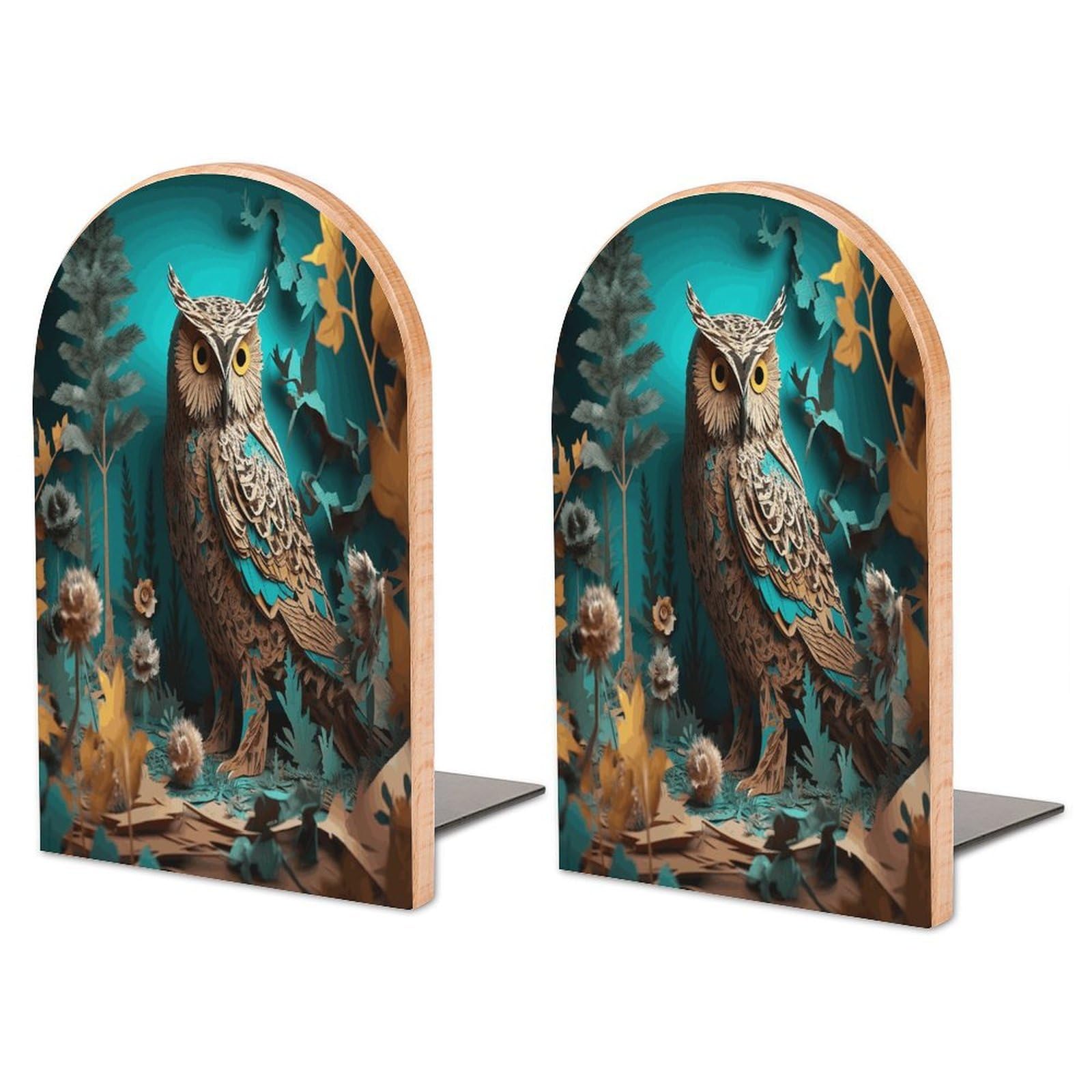 Owl Bookend for Shelves Non-Skid Book Holder Modern Heavy Duty Bookend Stopper Metal Base Wood Book End Books Shelf Holder Home Decorative 1pair 6.7x3.9x4.7