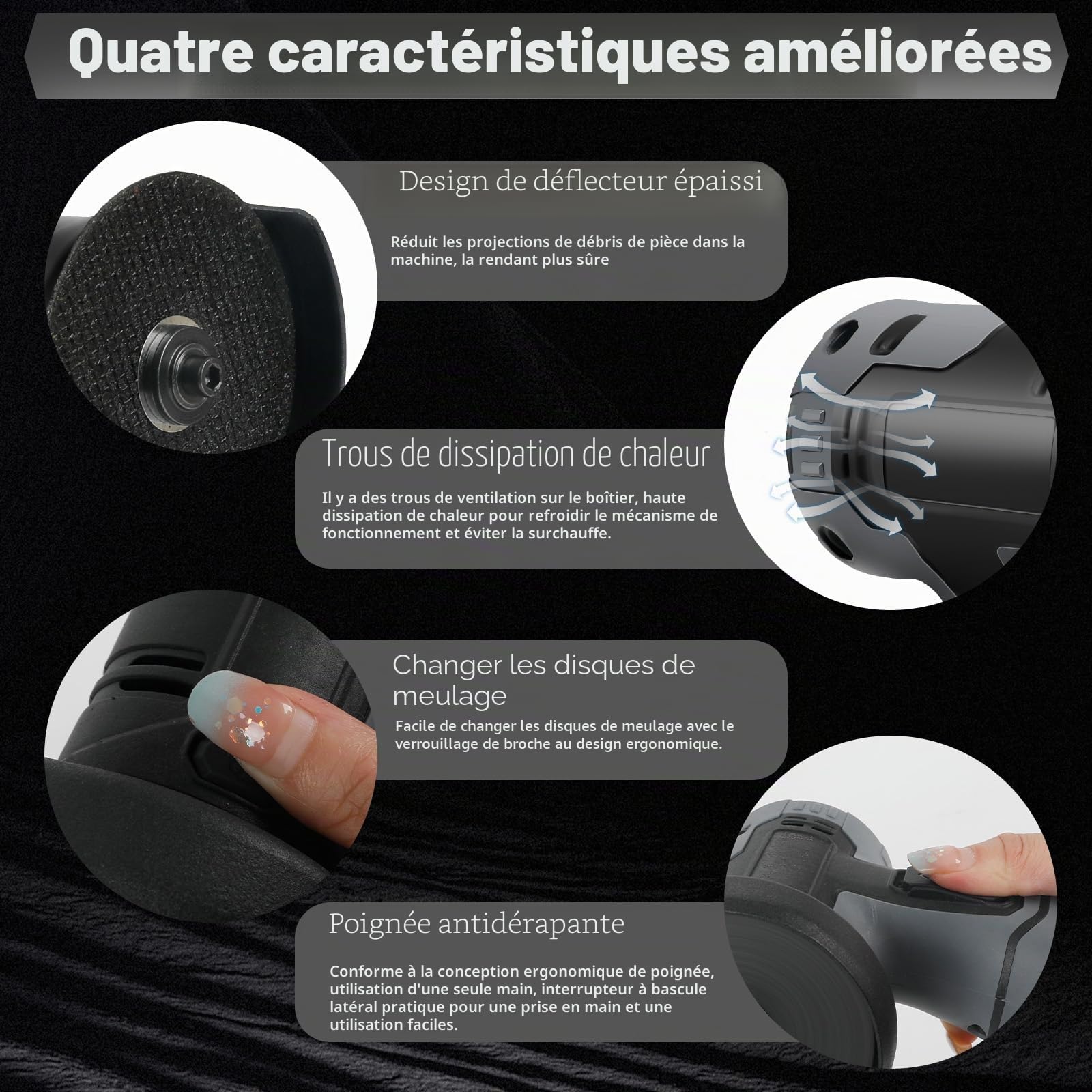 WingFly Mini meuleuse d'angle, meuleuse d'angle sans fil 16,8 V avec 2 batteries 28000 tr/min, avec 6 lames de disque, outil de ponçage électrique 76 mm