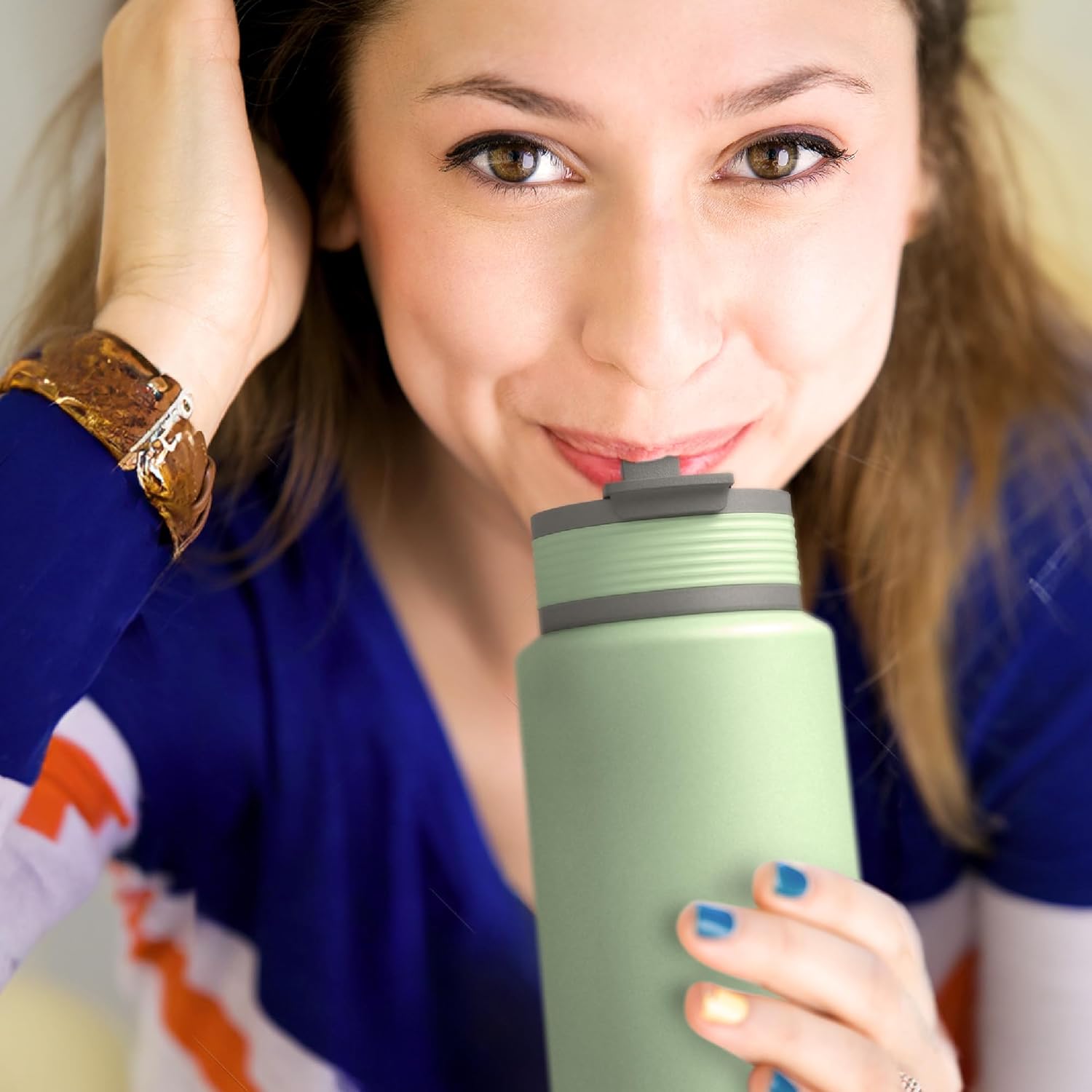 Asobu Boulder Puramic Insulated Sport Water Bottle with Dual Function Flip Open and Straw Lid for Hot Coffee and Cold Ice Coffee with Ceramic Coating 34 oz (Basil Green) - Image 7