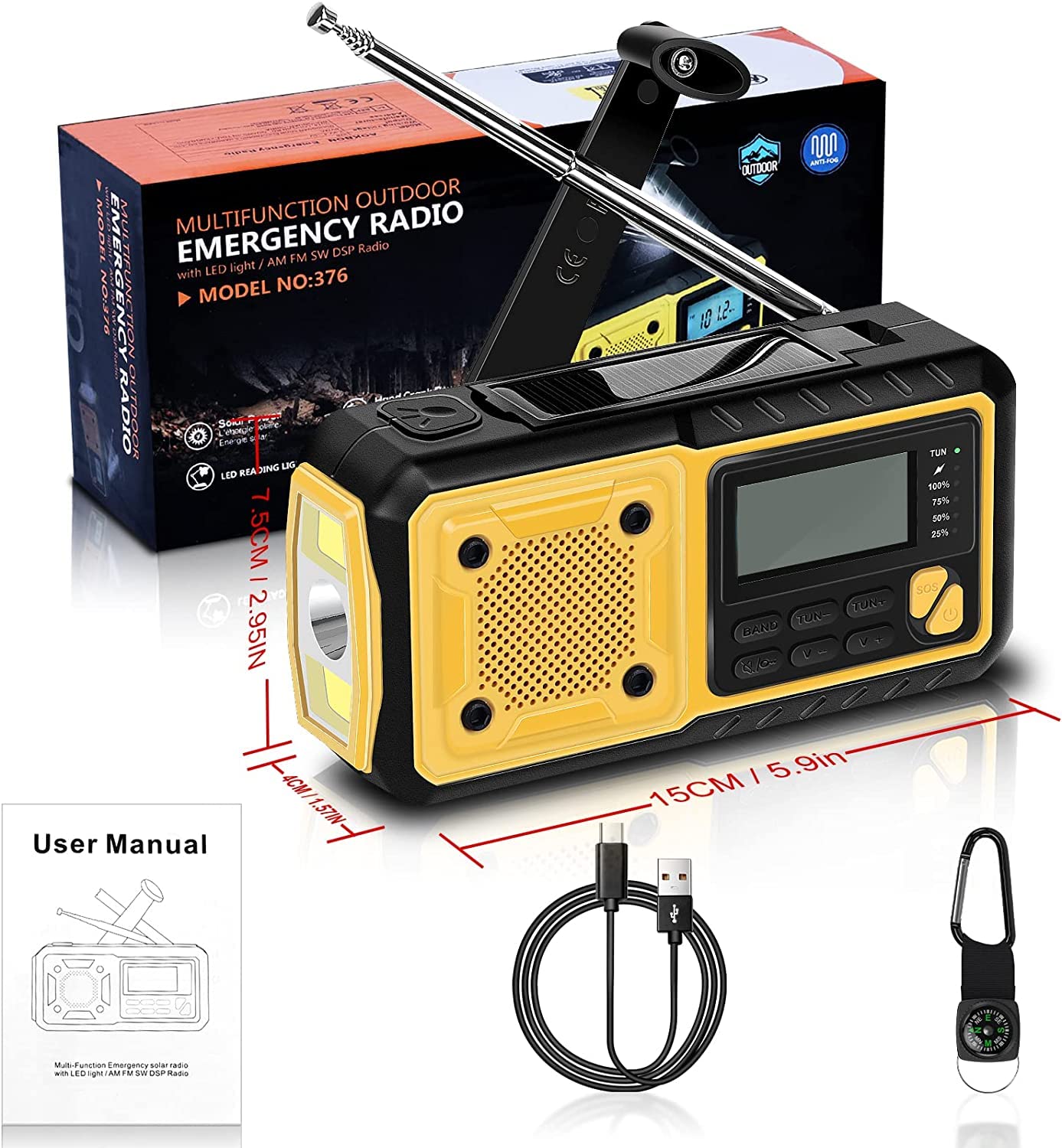 Radio Solaire Portable Urgence Météo 5000 mAh Manivelle FM/AM/SW Dynamo avec Lampe LED Alarme SOS USB Écran LCD Charge de Téléphone Prise d'Écouteur pour Randonnée Camping