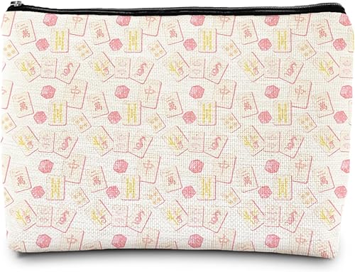 FWSFD Pink Chinoiserie Mahjong Tile Makeup Bag, Gifts for Mahjong Lovers Players