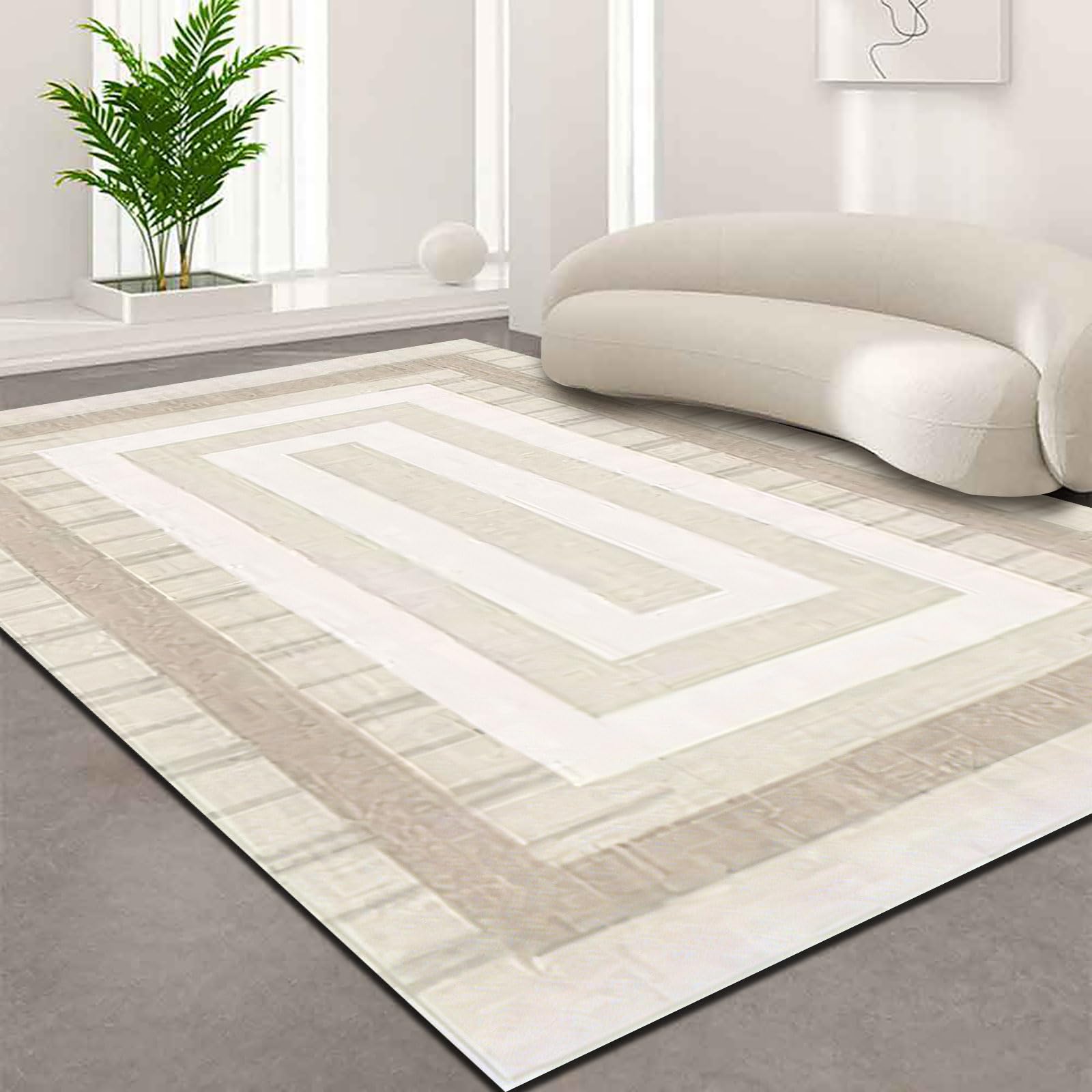 Pmnadfdag Living Room Rug,Large Soft Bedroom Area Rugs,Short Pile Non-Slip Resistant Washable in Carpet Geometric Square Lines Beige, 200 x 290 cm