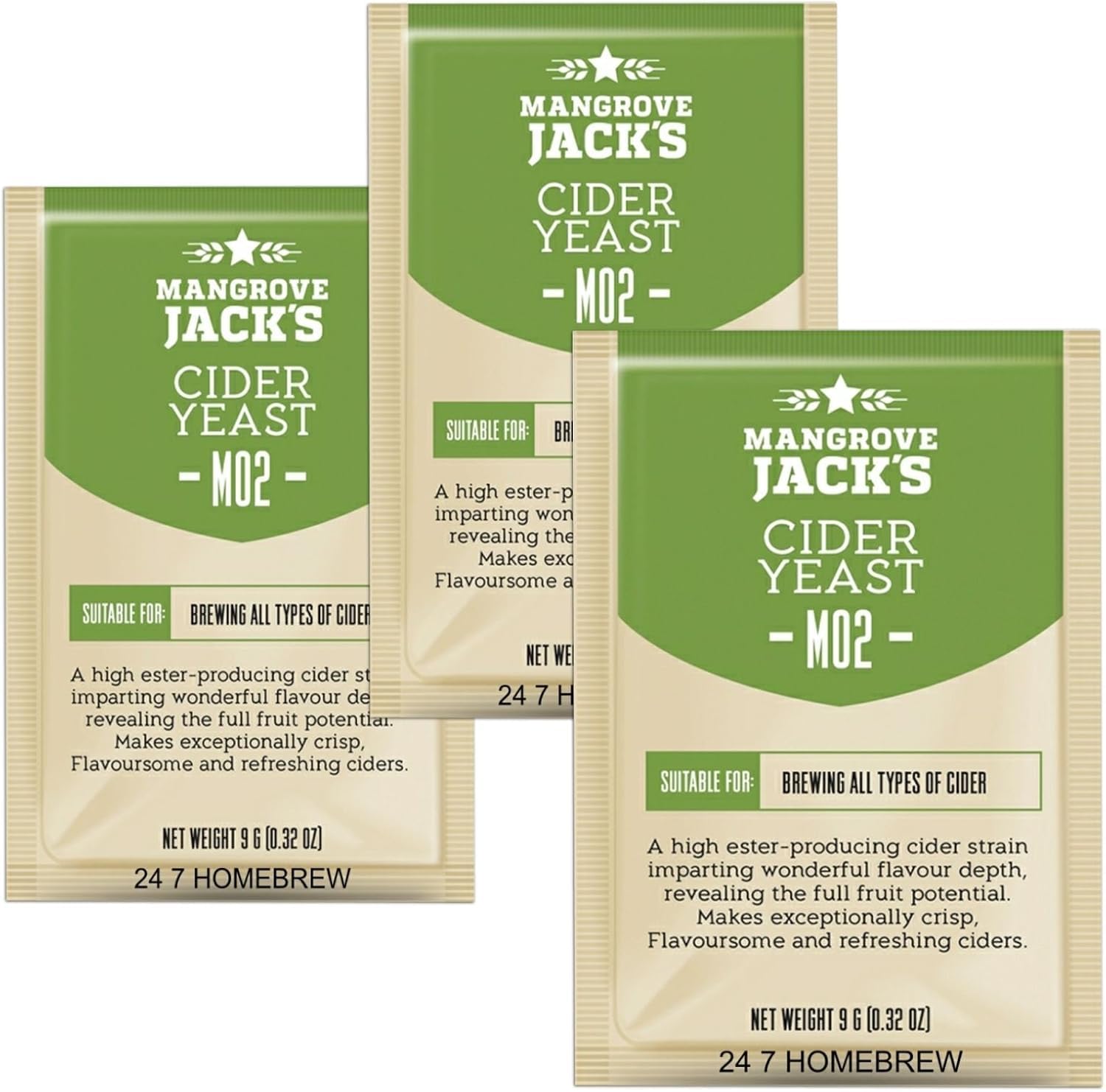 Mangrove Jack's Lot de 3 levures de cidre M02 Craft Series 9 g friandises 23 l