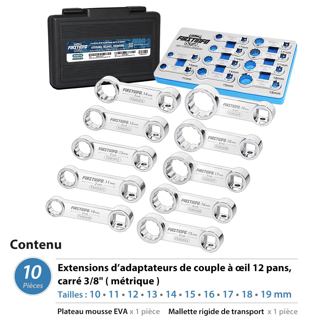FIRSTINFO Jeu d'Adaptateurs de Couple 3/8 Pouce, 10 Pièces Métriques 10-19 mm, Clés à Œil 12 Pans en Acier Chrome-Vanadium avec Coffret EVA F3451A
