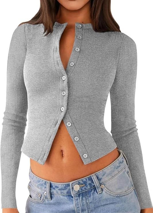 Womens Long Sleeve Tops Fall Lightweight Cardigan Cropped Going Out Shirts Ribbed Button Down Cute Trendy 2025