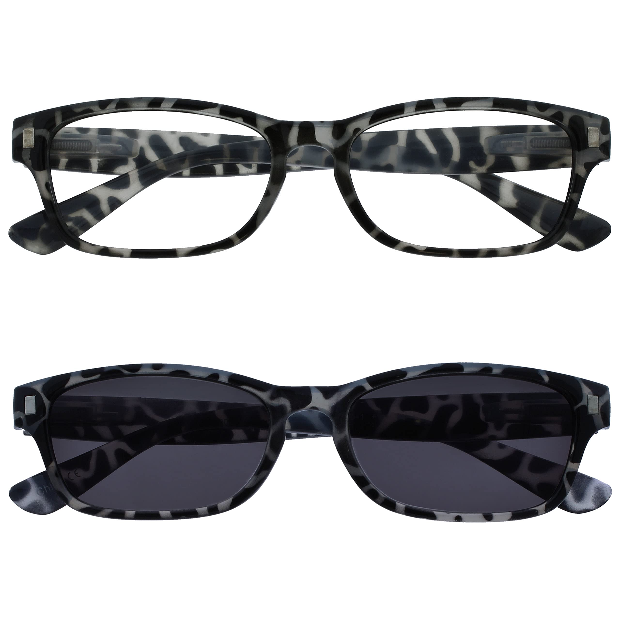 OPULIZE NIX Reading Glasses for Women Men With Reading Sunglasses - 2 Pack - Vintage Rectangular Designer Frame - Clear and Tinted UV400 Protection Lens - Black Tortoiseshell +2.00