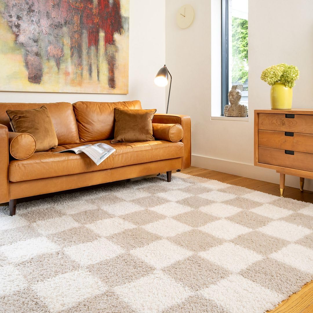 Modern Shaggy Rug Beige Cream Abstract Checker Design Soft Pile Mid Century Minimalist Retro Style Cozy Neutral Area Rug for Living Room Bedroom 280cm x 380cm (9ft 2" x 12ft 6")
