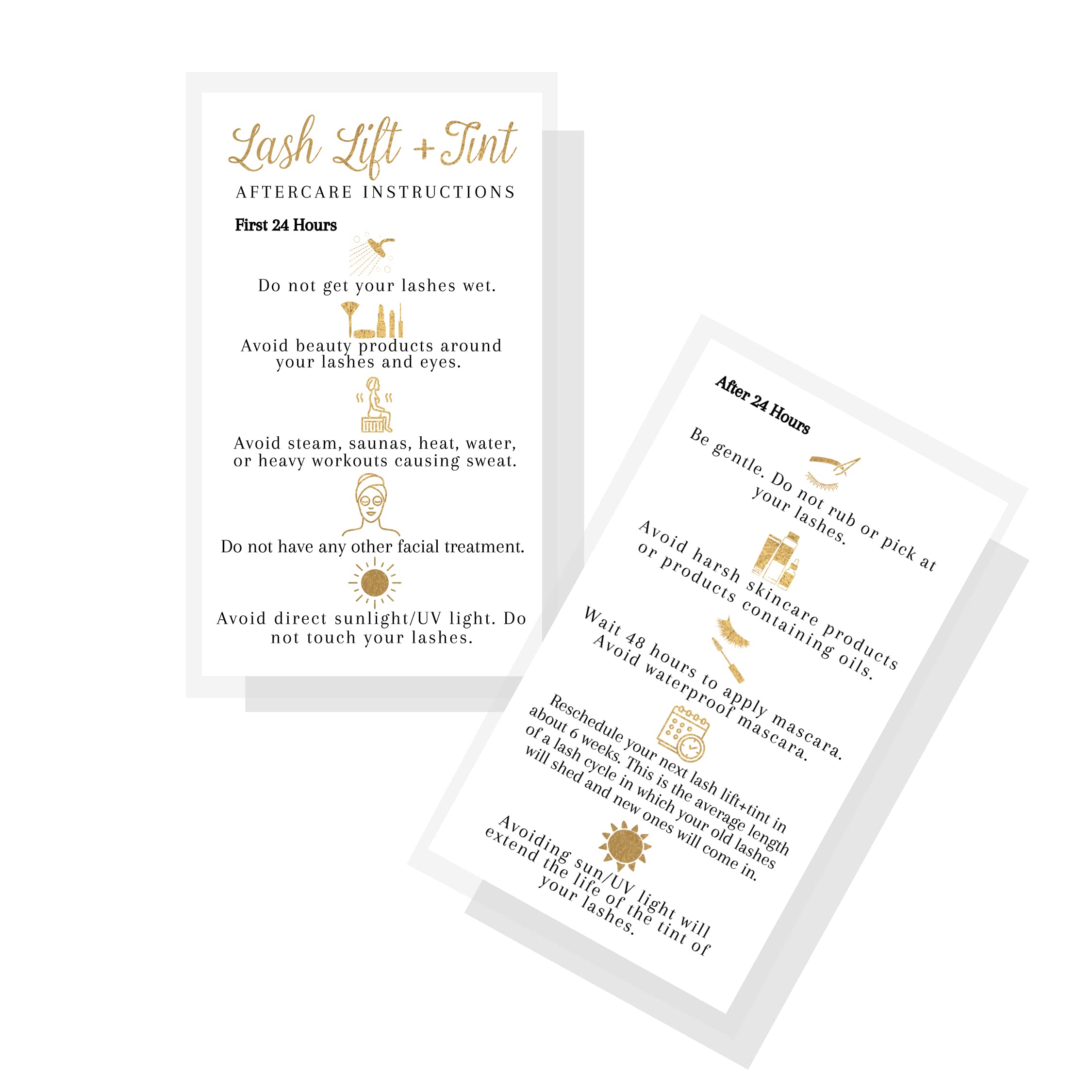 Boutique Marketing LLC Lash Lift + Tint Aftercare Instruction Cards | 50 Pack | 2x3.5” inches Business Card Size | Eyelash Lift and Tint Kit at Home DIY | White with Non-Metallic Gold Color Design