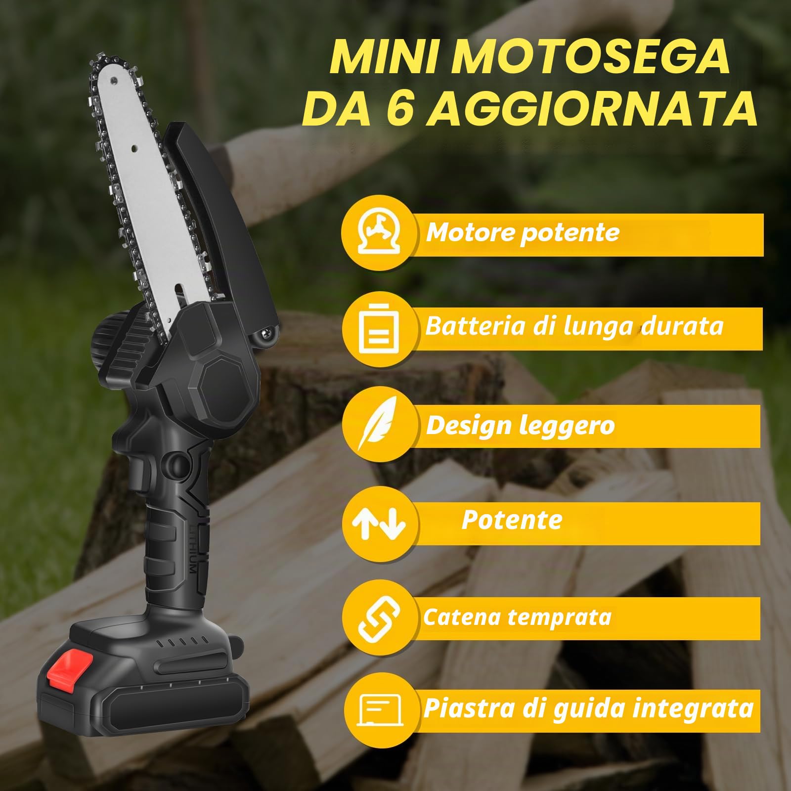 AIOMEST Mini Motosega da 6 Pollici con 8000mAh Batteria, Sega da Potatura con 2 Batterie Ricaricabili e 2 Catene, Motosega Elettrica a Batteria per Giardini Cesoie Taglio Legno