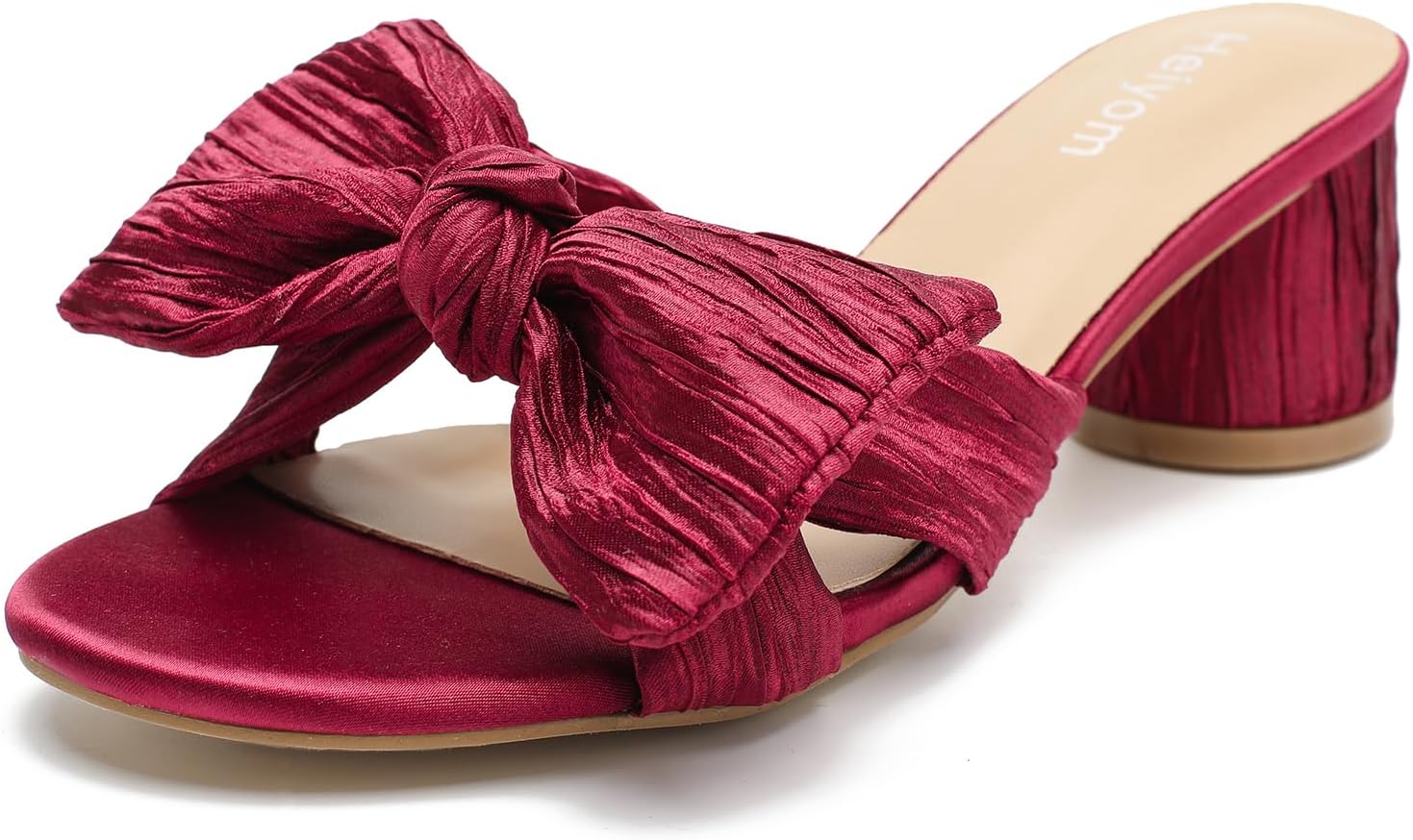 Women's Bowknot Low Chunky Heels Mules Sandals Slip on Pleated Bow Heels Wedding Bridal Party Dress Shoes
