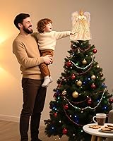 Vista 4 de Decoración de árbol de ángel de Navidad con alas de plumas, adorno de árbol de Navidad para interiores, oficina, Navidad, Año Nuevo, decoración