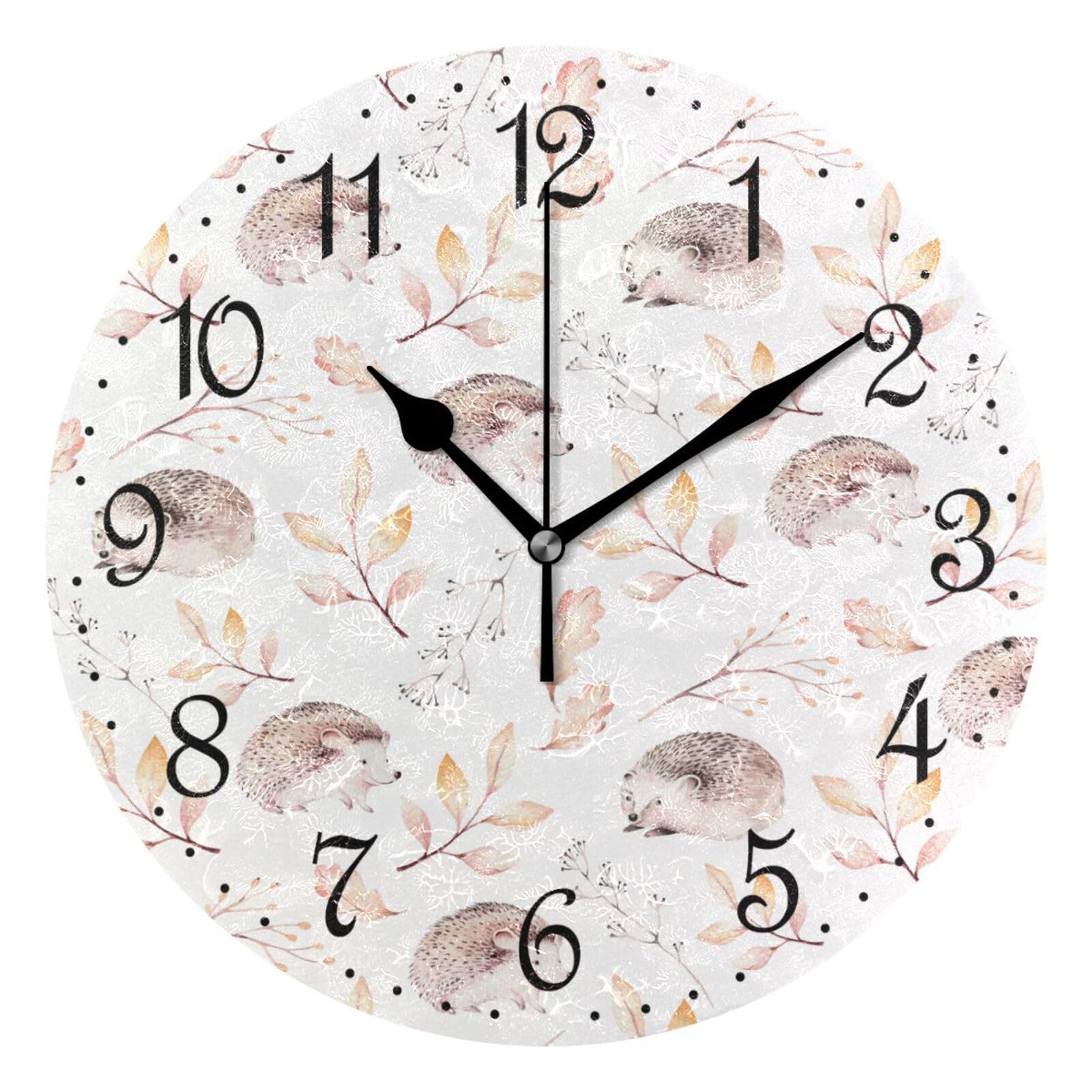 Mnsruu Wall Clock Autumn Leaves Hedgehogs Silent Non-Ticking Decorative Wall Clocks Battery Operated 25x25cm for Home Living Room Kitchen Bathroom Bedroom