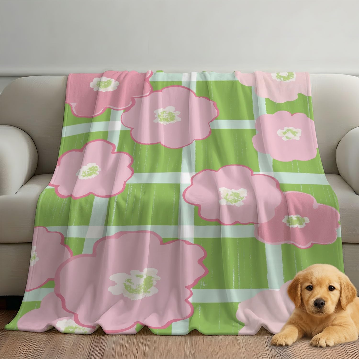 Koc flanelowy 180 cm x 200 cm miękki i lekki minimalistyczny wzór kreskówkowy kwiaty w kratkę dla dorosłych, zielony i różowy, idealny do dekoracji sofy