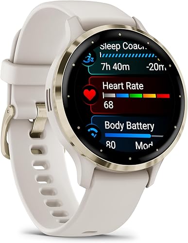 Miniatura 2 de Garmin Venu 3S Reloj inteligente avanzado de seguimiento de salud y fitness con bisel de acero inoxidable dorado suave y funda de marfil y banda de