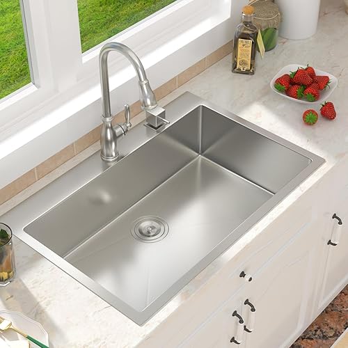 33 Inch Drop in Kitchen Sink-33x22 Drop in Kitchen Sink 18 Gague Topmount Stainless Steel Single Bowl Handmade Sinks Large Deep Basin 33"x22"x9"