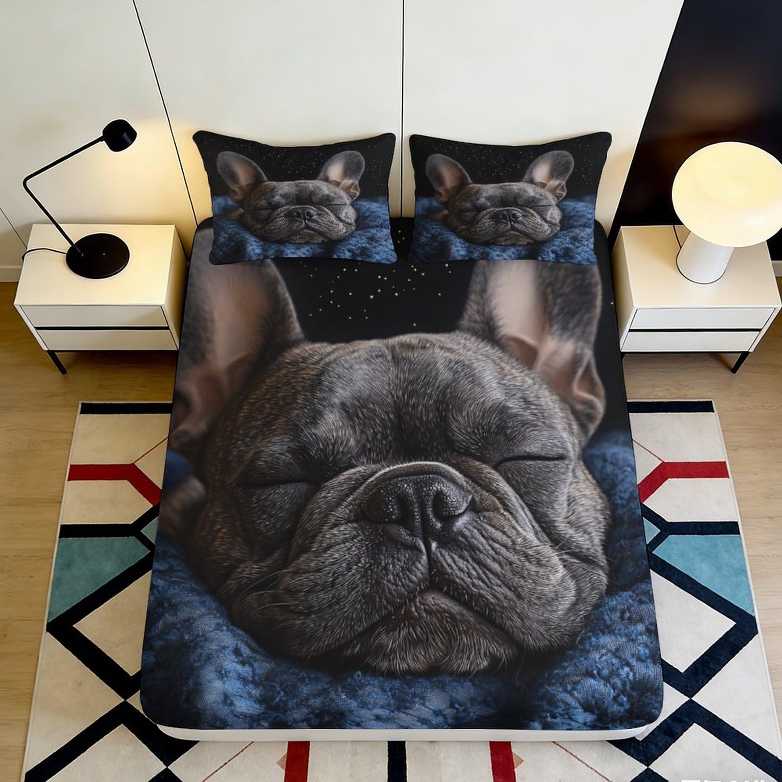3D Printed French Bulldog Fitted Sheet Microfiber Deep Pocket Non-Slip Bedroom French Bulldog Mattress Fitted Cover 200x200x25cm