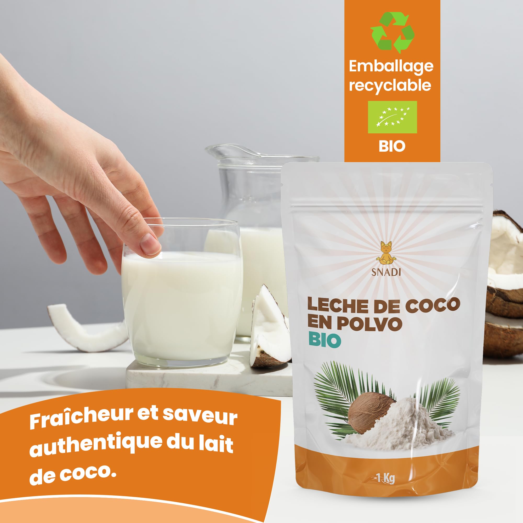 Snadi - Lait de Coco en Poudre BIO du Sri Lanka - 1KG - 100% Naturel et Biologique - Emballage en Sachet Plastique Recyclable - Sans Additifs ni Conservateurs - Idéal pour Smoothies, Currys