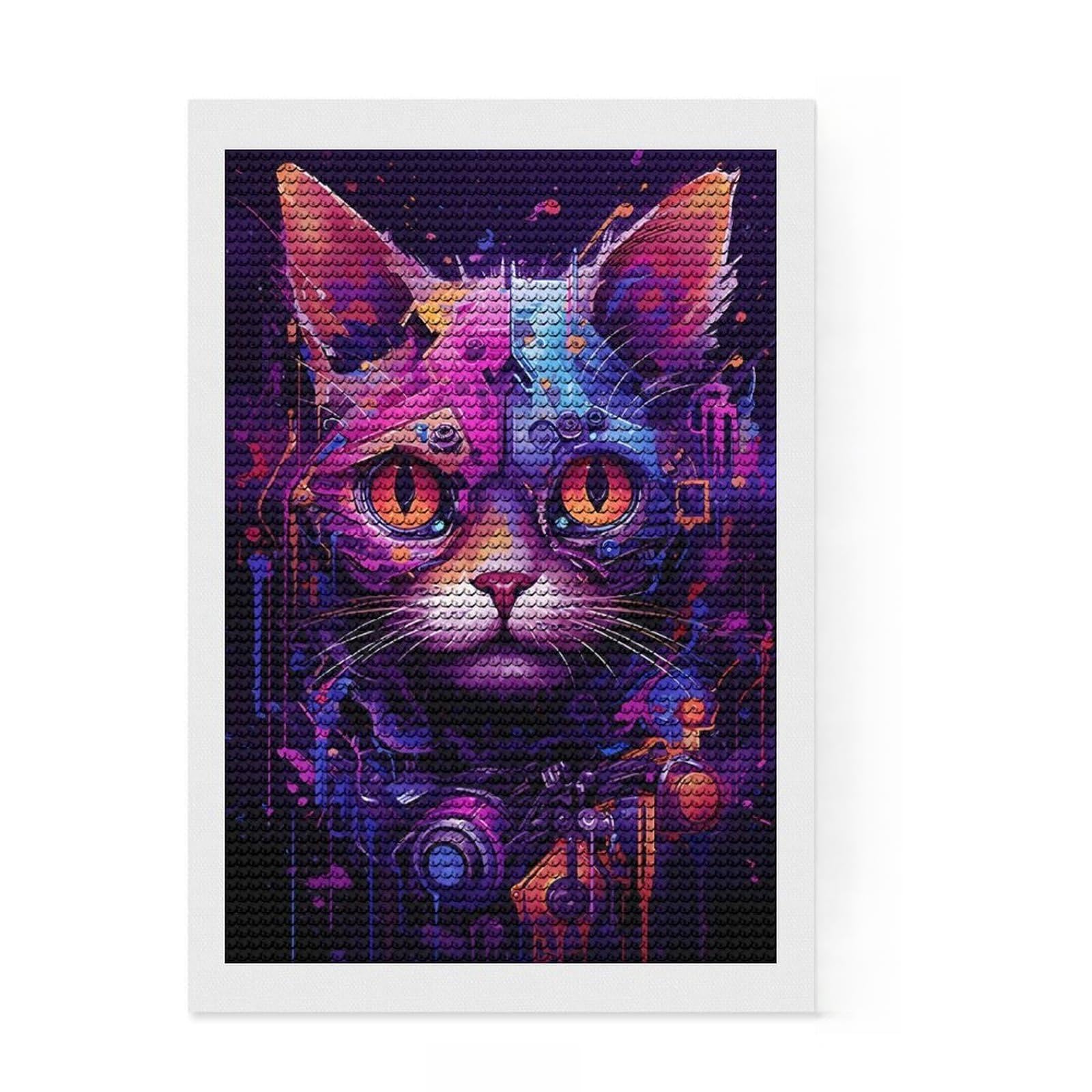 Junmoney Futuristic Robot Cat Diamond Art Canvas 8"x12", for Creative Relaxation, Pleasing Wall Art Project, Aesthetic Room Decor, Christmas Gift