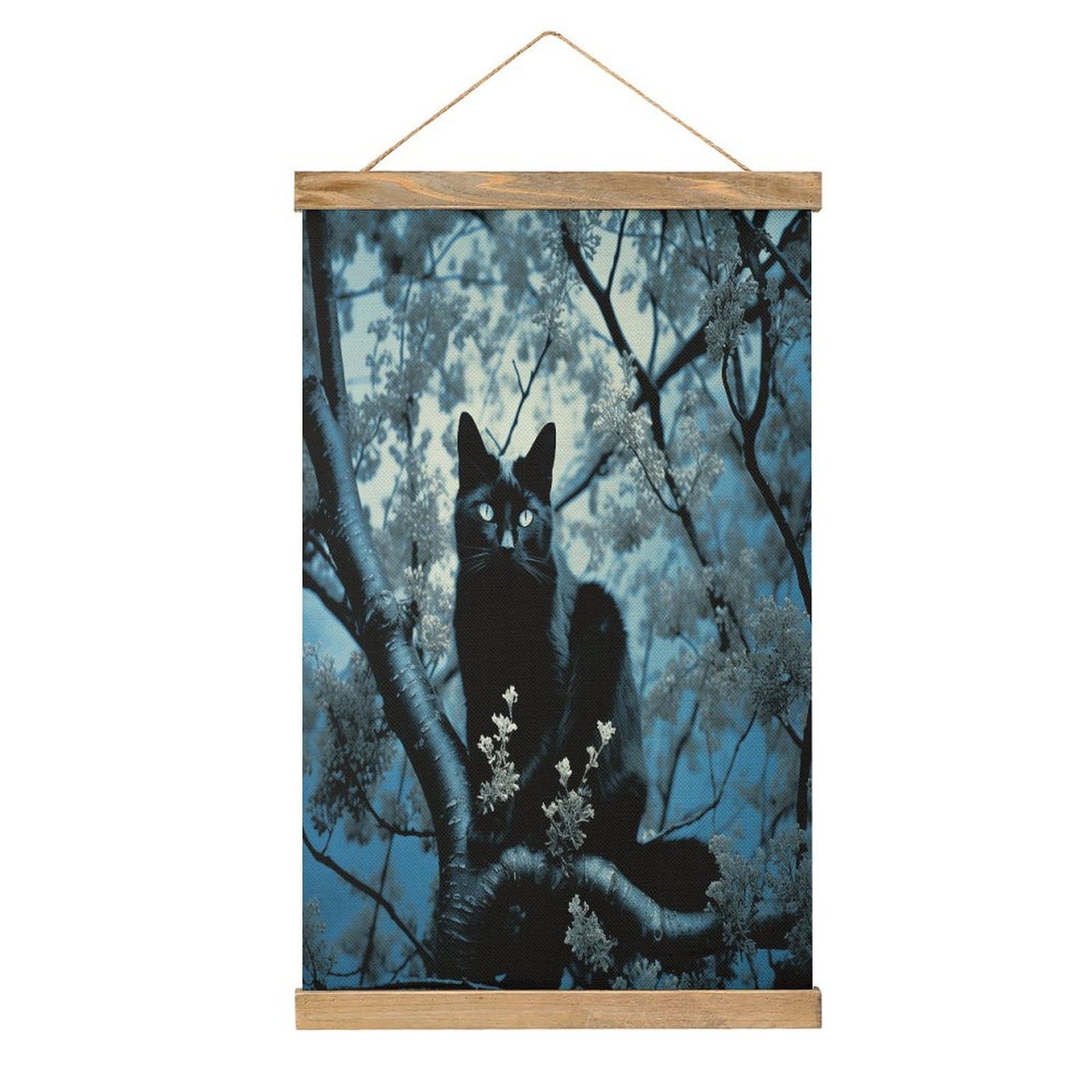 VstaDank Black Cat on Tree Hanging Poster with Wooden Frame Modern Linen Hanging Painting Retro Style Wall Decor Art Painting for Living Room,Bedroom Decor Poster Frame 20.4x13.1inch