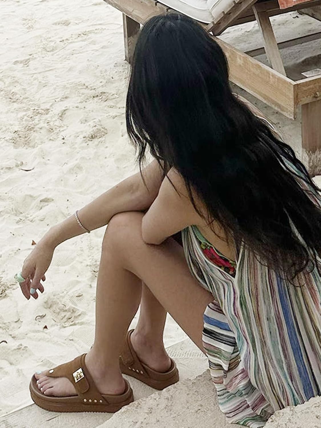 Brown Platform Flip Flops for Women Leather Beach Thong Footbed Sandals Open Toe Comfortable Casual Slides Dressy Soft Cushion Arch Support - Image 3