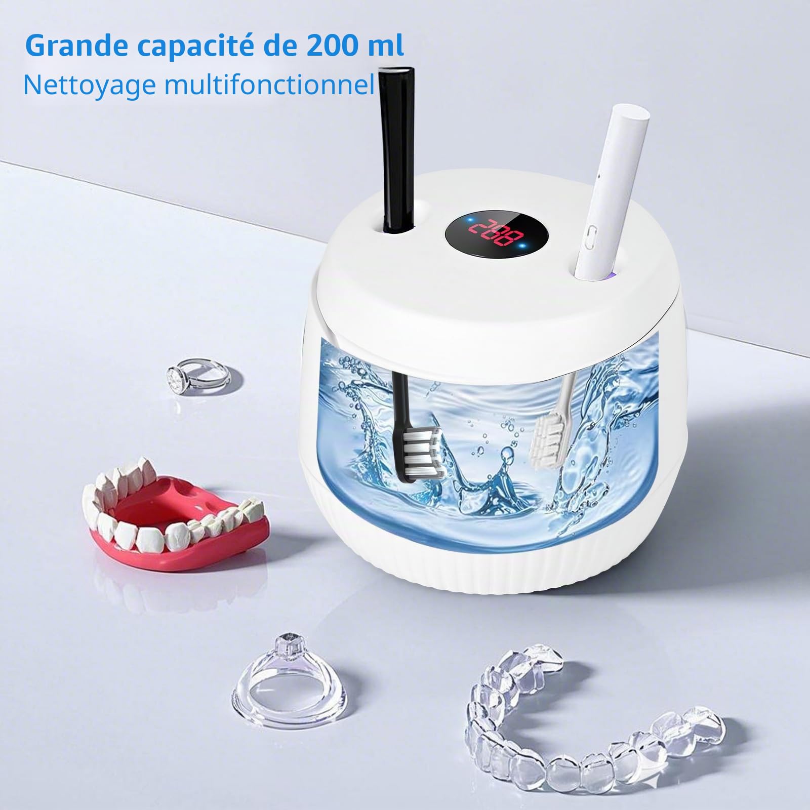 Nettoyeur Ultrasonique Dentaire avec UV, Vanakrr 45000Hz 25W Portable Pod Dentaire pour Gouttières, Prothèses, Attelles et Aligneurs - 4 Lampes UV-C, 200ml, Blanc