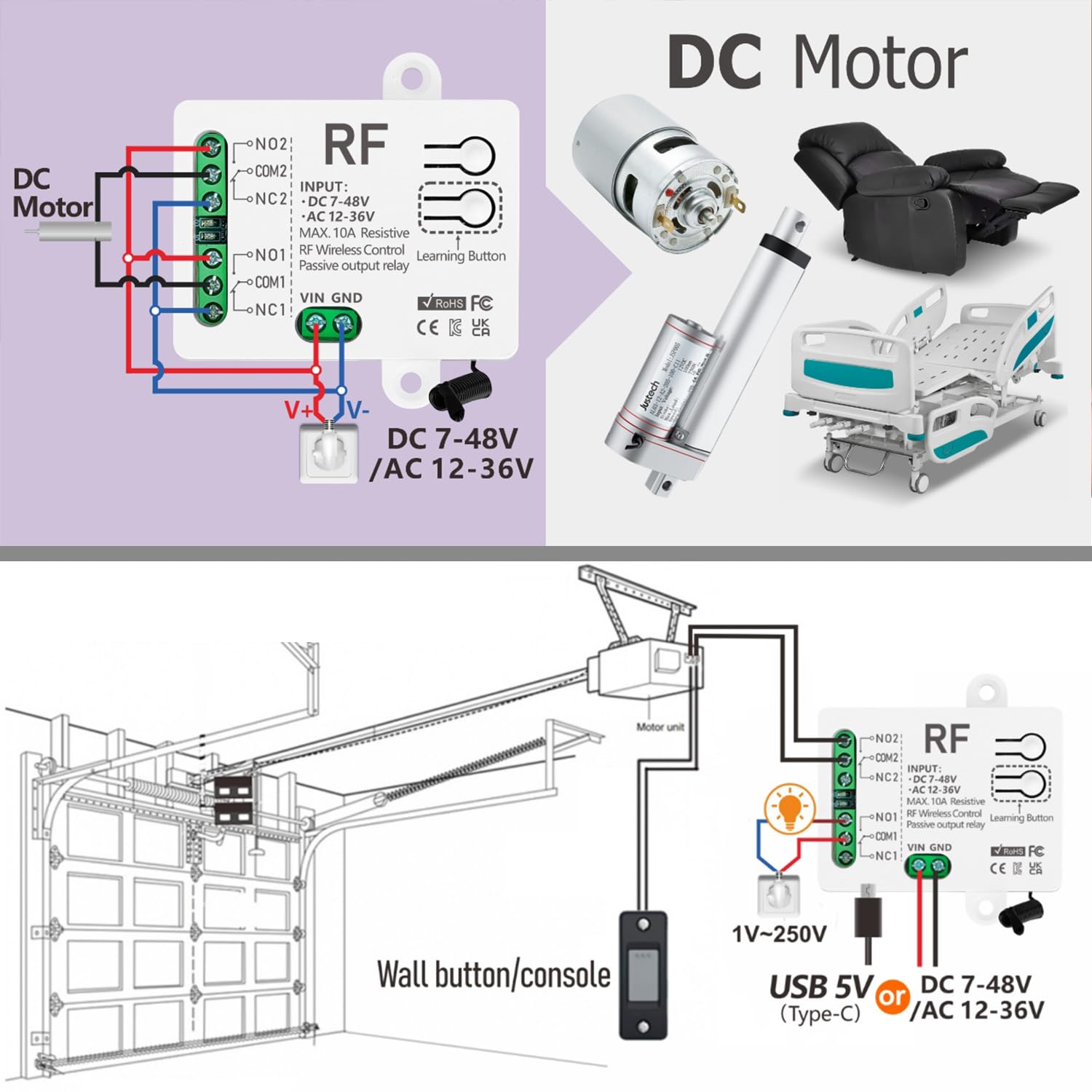 433 MHz RF-Funkfernbedienungsschalter mit 2 Sendern DC 7V 12V 24V 36V 48V AC 12V 24V 36V 10A 2 Kanal Relaisempfänger für elektrischen Vorhang, Garagentor, Motorlicht, Funksteuerschalter